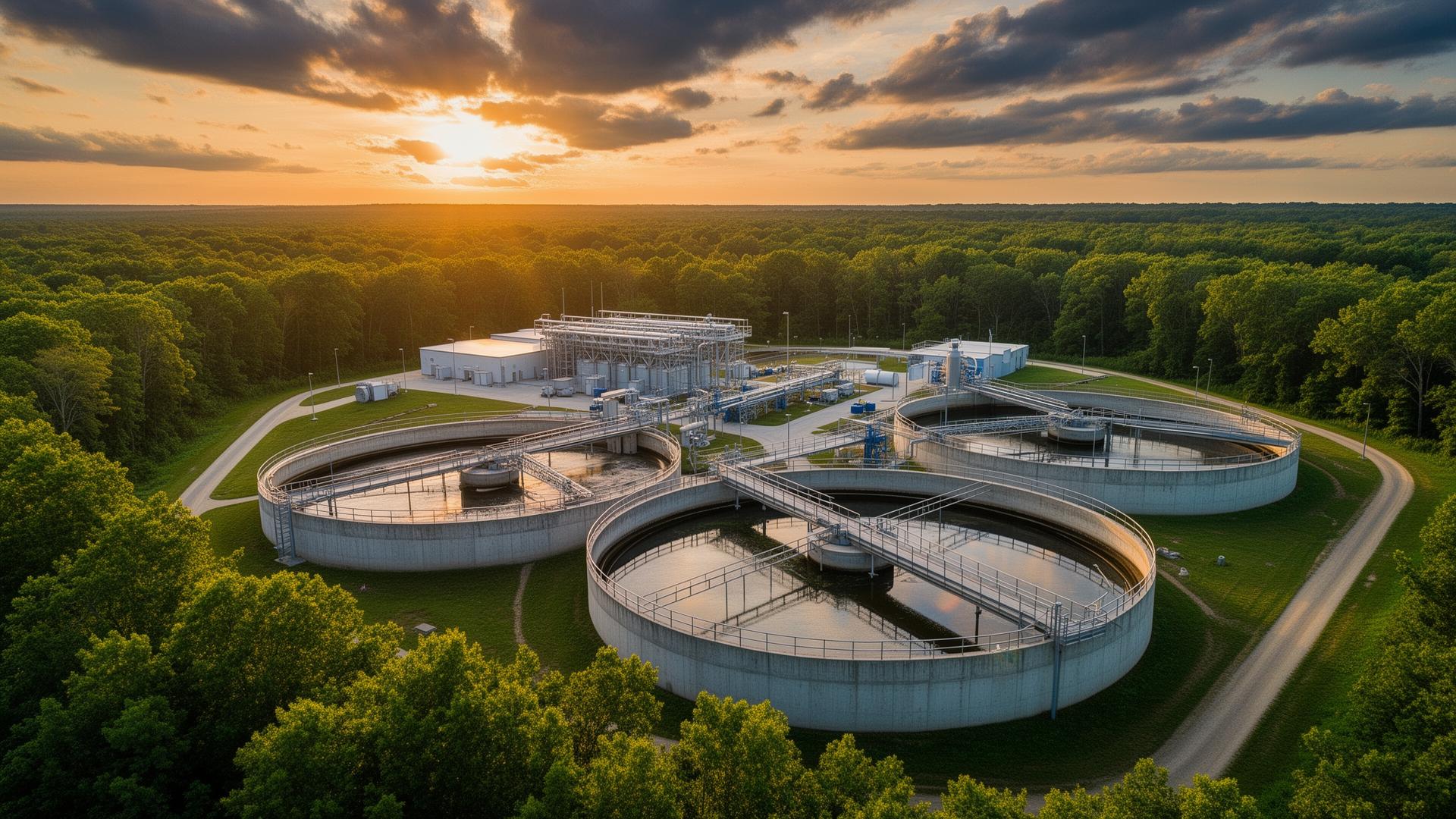 Modern wastewater treatment facility surrounded by forest